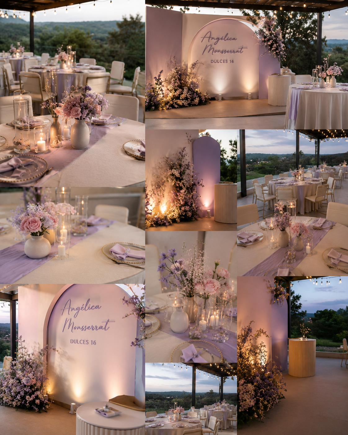Tarta nupcial blanca con flores y letras “love” sobre mesa, fondo de luces y jardín desenfocado.